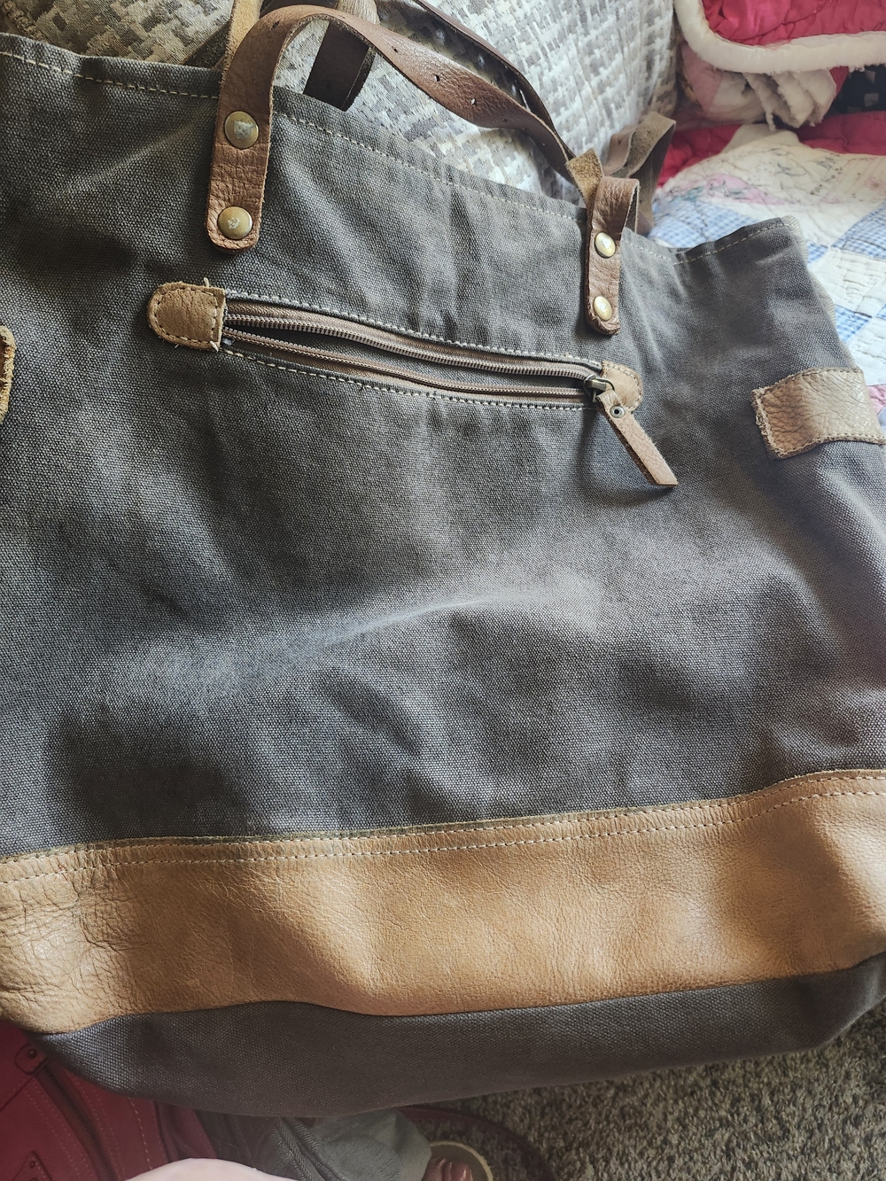 Myra Bag Gray Canvas Tote with Brown Leather Trim and Handles